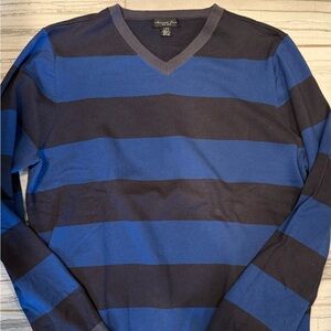 Kenneth Cole V-Neck Sweater in Blue and Black Stripes men’s large